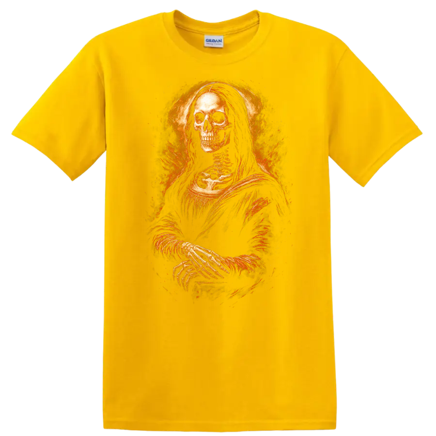 Vintage gothic skeleton portrait with crossed hands and fiery distressed halo on a Daisy (Yellow) T Shirt
