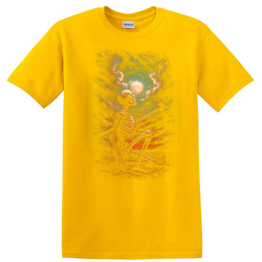 Vintage gothic painting of seated skeleton, bird, full moon, and dramatic night sky on a Daisy (Yellow) T Shirt