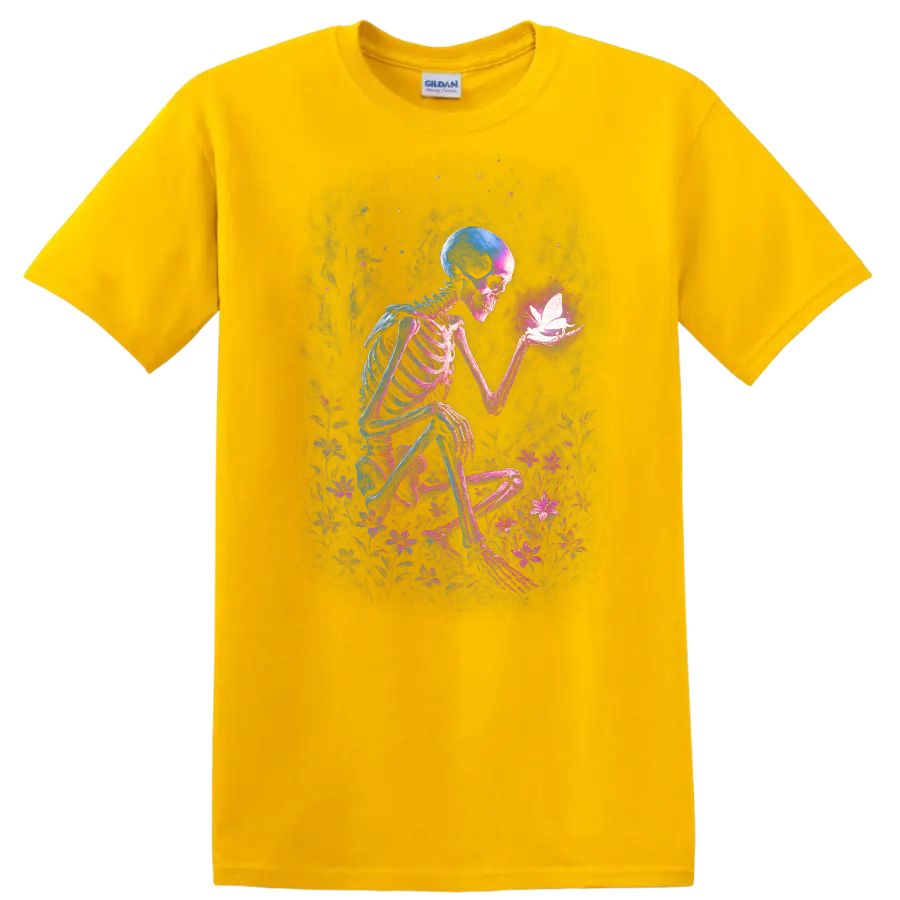 Gothic skeleton holding a glowing butterfly amid neon wildflowers on a Daisy (Yellow) T Shirt