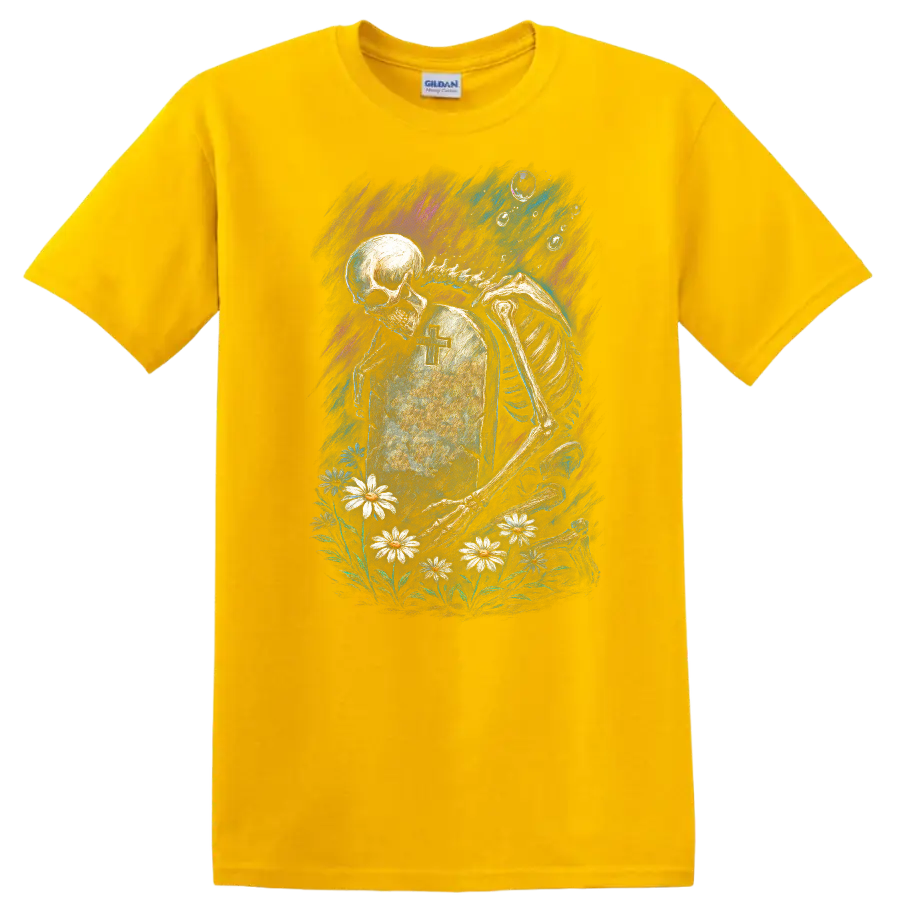 Skeleton mourning beside a cross tombstone and daisies in vintage gothic artwork on a Daisy (Yellow) T Shirt