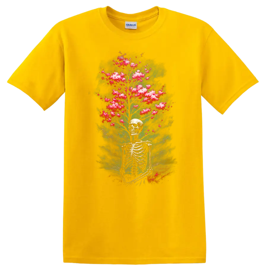 Vintage gothic skeleton skull with pink blooming branches and smoky teal backdrop on a Daisy (Yellow) T Shirt