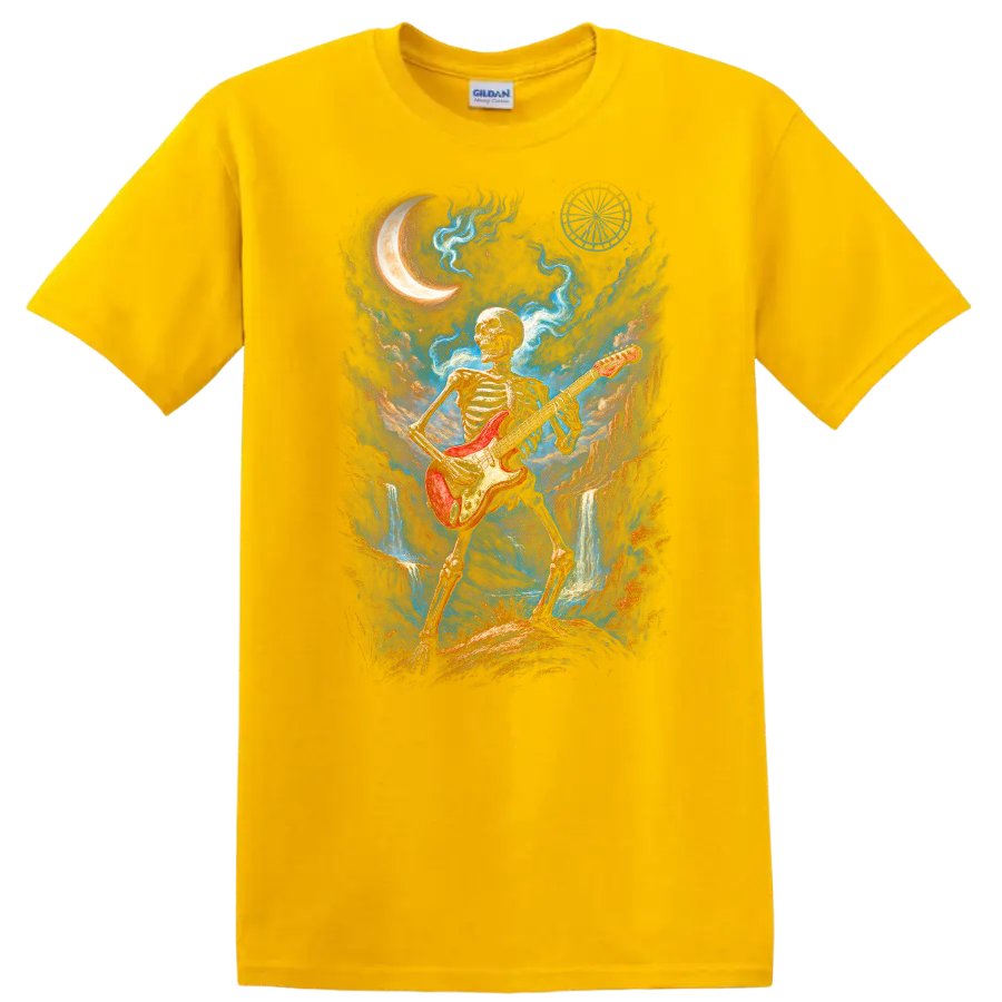 Skeleton guitarist with red electric guitar in moonlit gothic fantasy art on a Daisy (Yellow) T Shirt