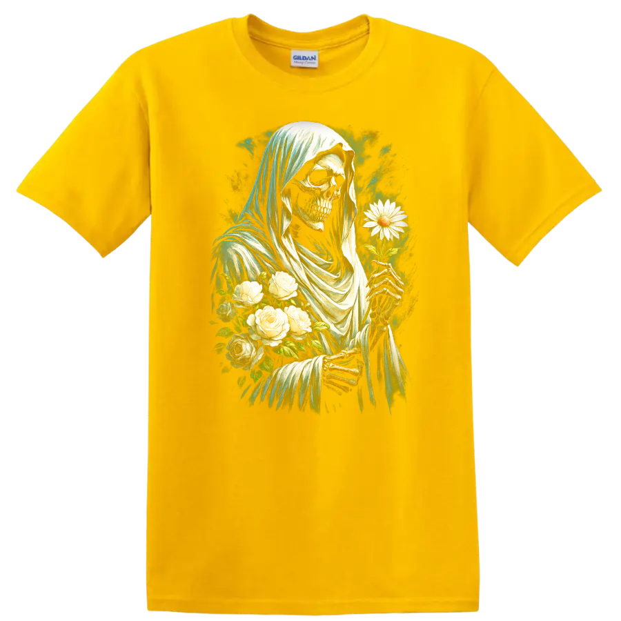 Vintage gothic hooded skeleton holding a white daisy with roses on a Daisy (Yellow) T Shirt