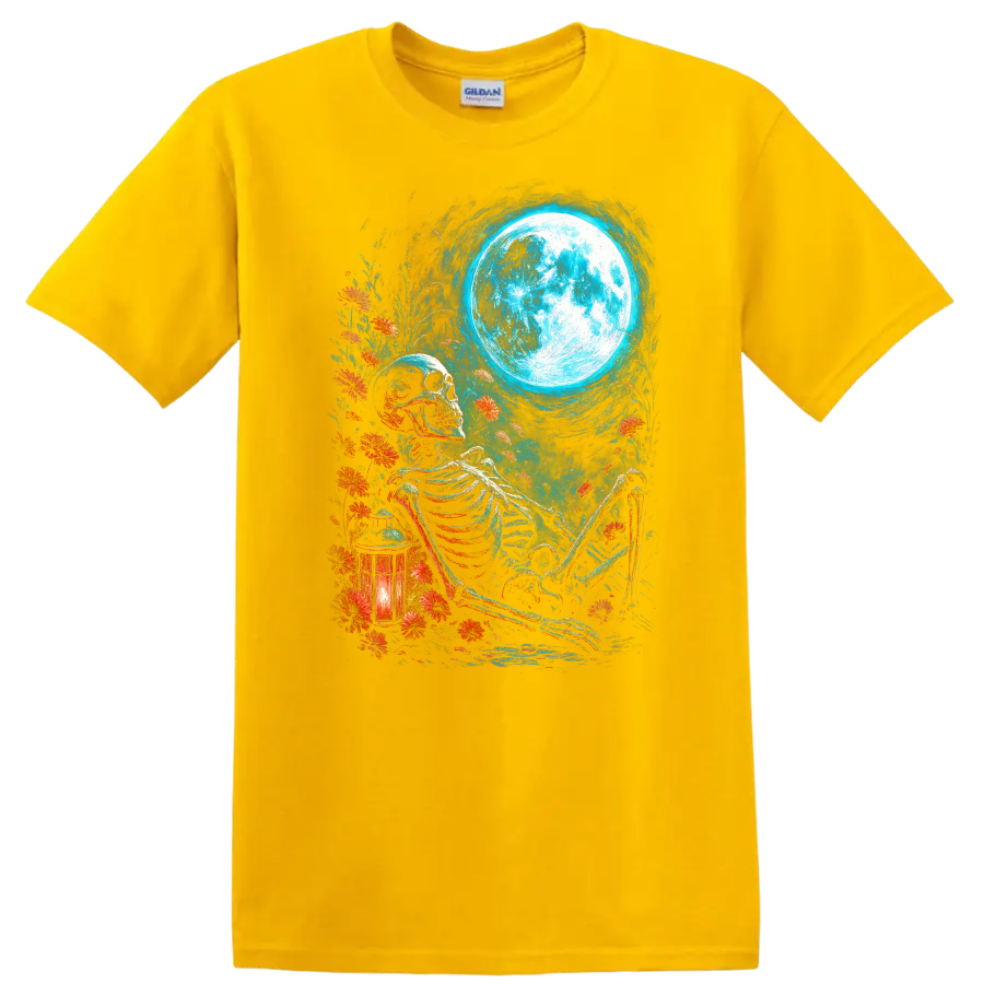 Vintage gothic skeleton resting among wildflowers beneath a full moon with lantern on a Daisy (Yellow) T Shirt