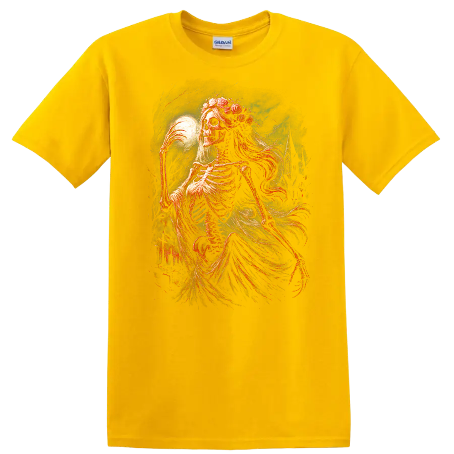 Moonlit floral skeleton in ornate vintage gothic art with flowing drapery on a Daisy (Yellow) T Shirt