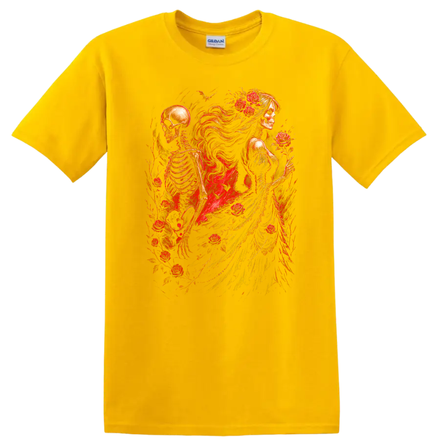 Vintage gothic skeletal woman and skeleton surrounded by red roses on a Daisy (Yellow) T Shirt