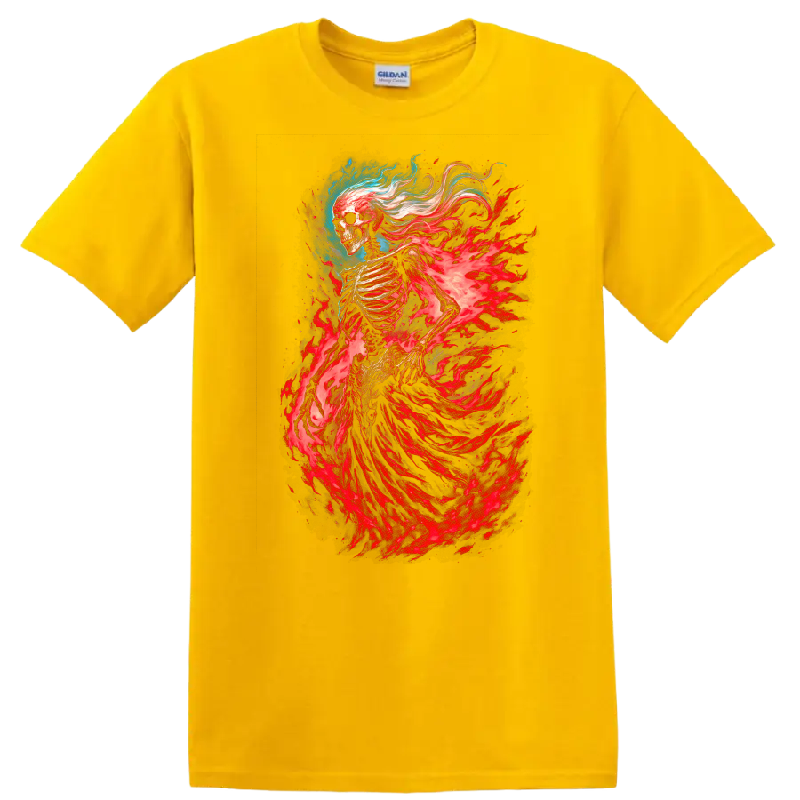 Flaming skeleton spirit with red spectral energy in detailed gothic fantasy art on a Daisy (Yellow) T Shirt