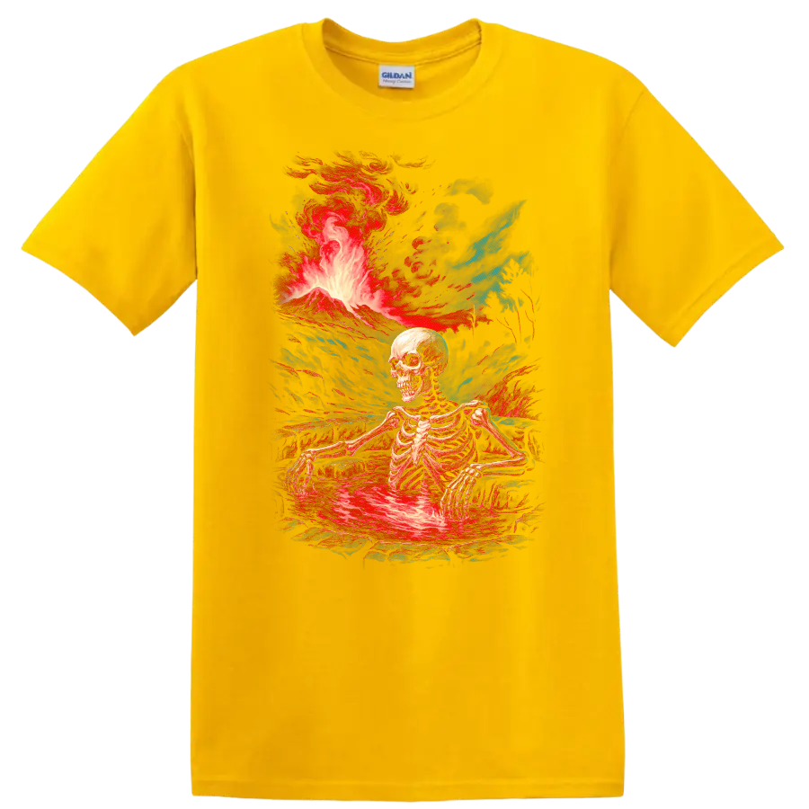 Vintage gothic skeleton standing in a lava pool beneath an erupting volcano on a Daisy (Yellow) T Shirt