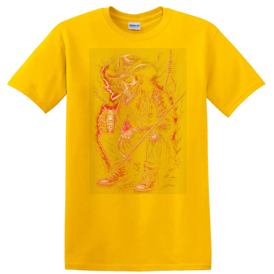 Vintage Gothic skeleton cowboy with red lightning, noose, boots, and rugged Western art on a Daisy (Yellow) T Shirt