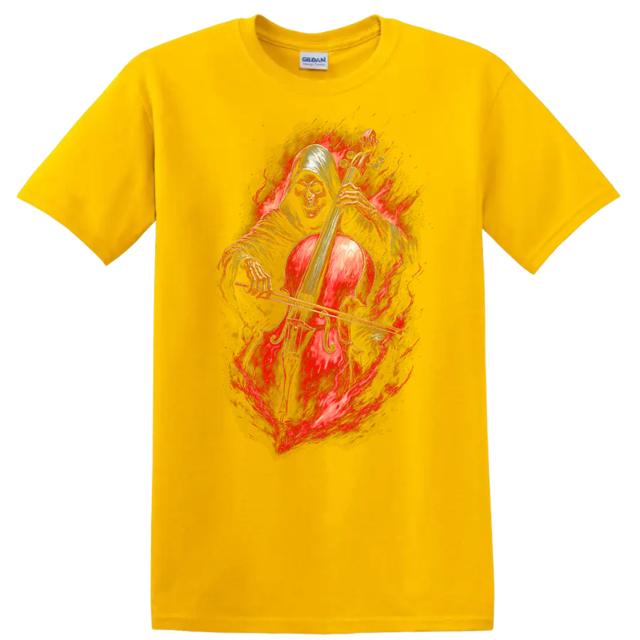 Hooded skeleton cellist with a red cello surrounded by fiery gothic artwork on a Daisy (Yellow) T Shirt