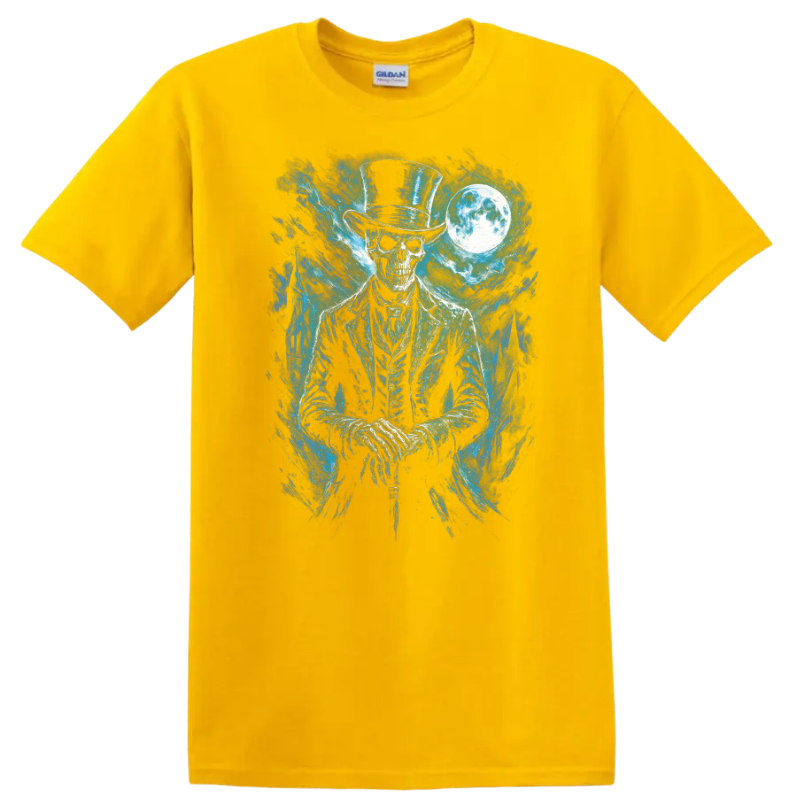 Moonlit gothic skeleton in top hat with blue spectral art and full moon on a Daisy (Yellow) T Shirt