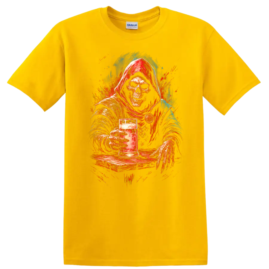 Hooded skeleton holding a beer mug in distressed red and blue gothic art on a Daisy (Yellow) T Shirt