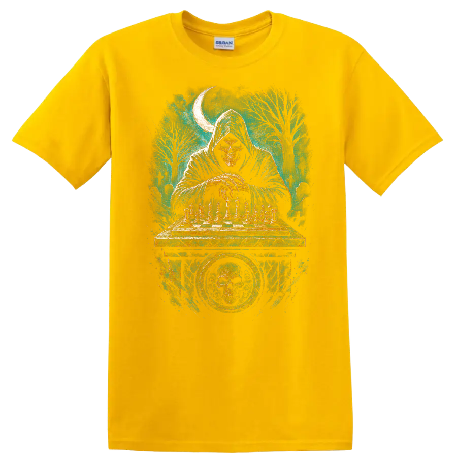 Hooded skull playing chess in a moonlit graveyard gothic illustration on a Daisy (Yellow) T Shirt