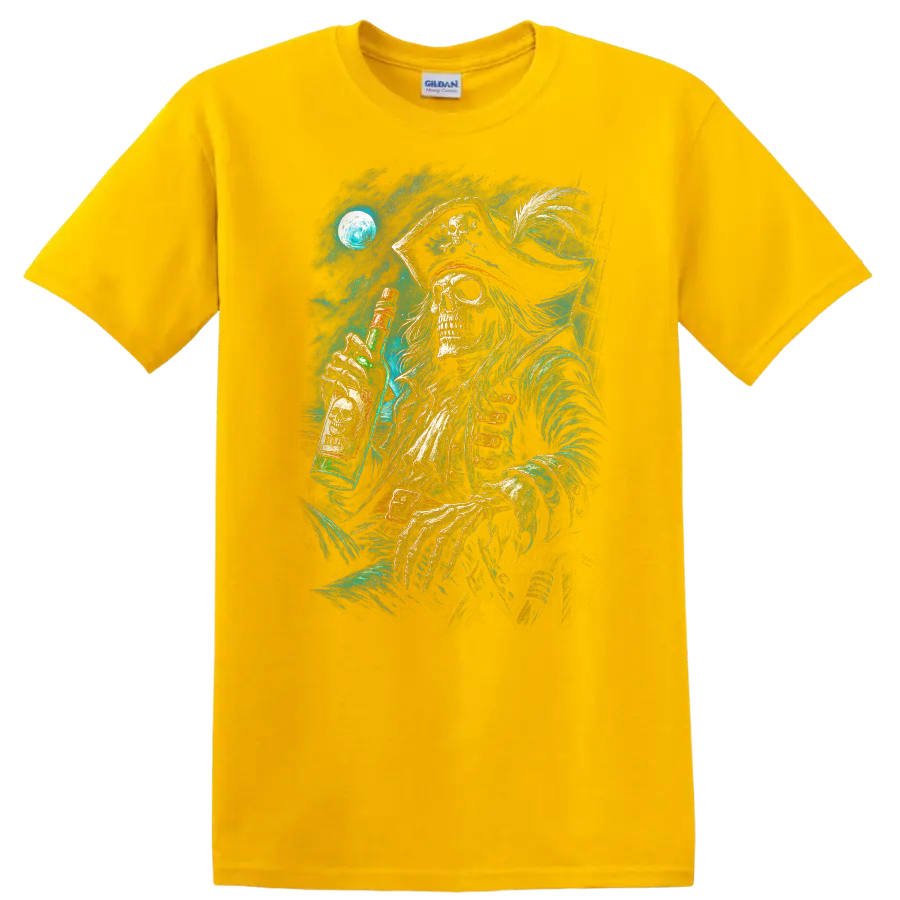 Moonlit skeletal pirate holding a rum bottle in detailed vintage gothic sea art on a Daisy (Yellow) T Shirt