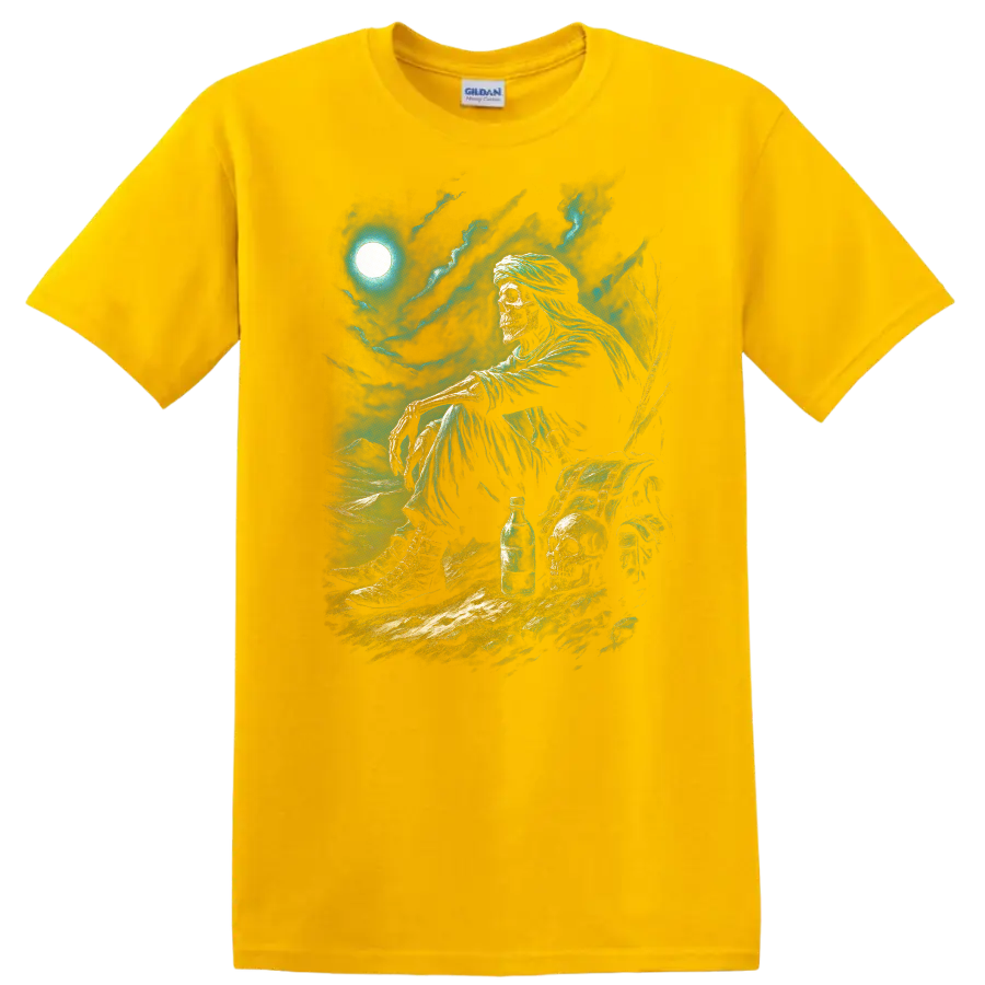 Moonlit skeleton wanderer with skulls, chest, and stormy gothic nightscape on a Daisy (Yellow) T Shirt