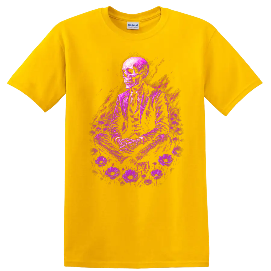 Purple skeleton in suit surrounded by flowers in vintage gothic illustration on a Daisy (Yellow) T Shirt