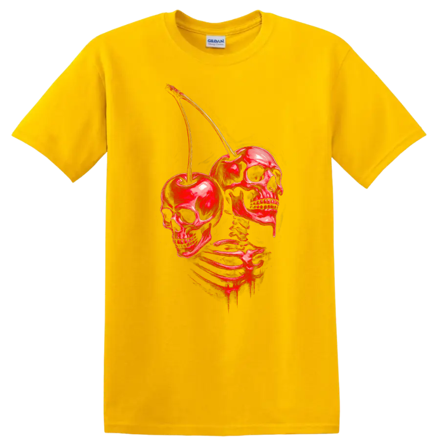 Red skeleton with skulls and cherries in a distressed vintage gothic illustration on a Daisy (Yellow) T Shirt