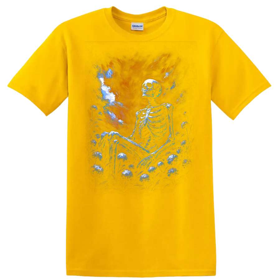 Blue skeleton seated in a dark floral garden beneath a dramatic gothic painted sky on a Daisy (Yellow) T Shirt