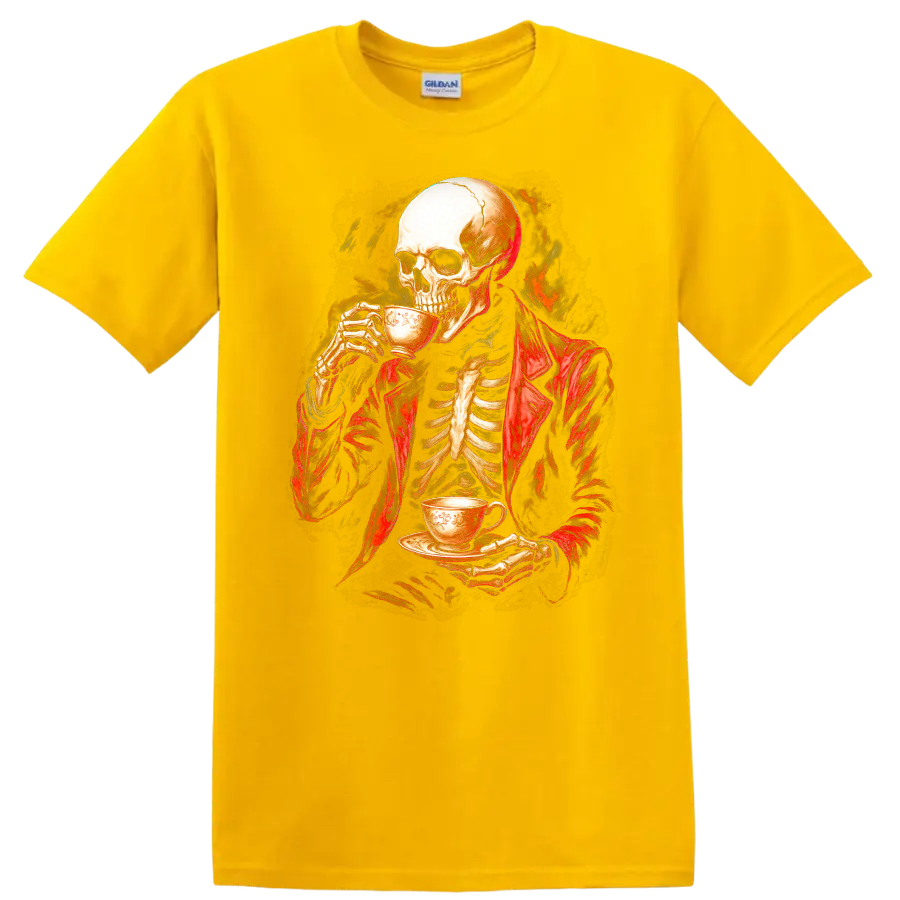 Vintage gothic skeleton in a red jacket drinking tea with a fiery dark backdrop on a Daisy (Yellow) T Shirt
