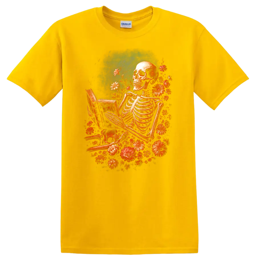Vintage gothic skeleton reading a book surrounded by red flowers on a Daisy (Yellow) T Shirt