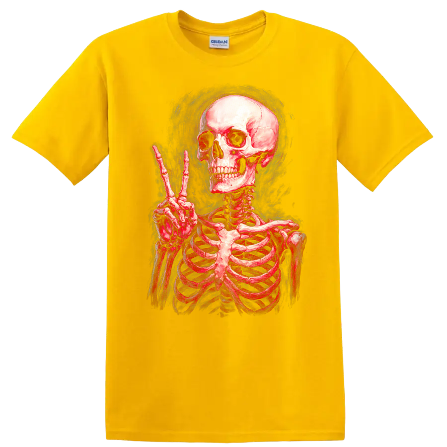 Vintage red skeleton skull making a peace sign in smoky gothic illustration style on a Daisy (Yellow) T Shirt