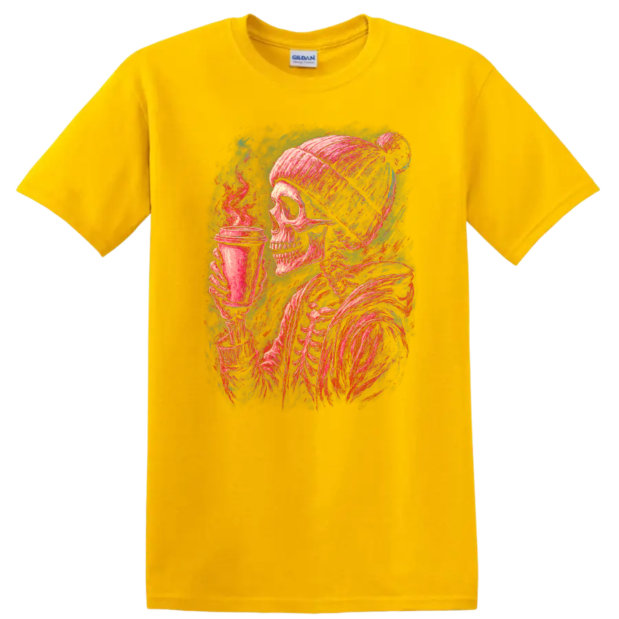 Vintage gothic skeleton in a beanie holding a steaming coffee cup on a Daisy (Yellow) T Shirt
