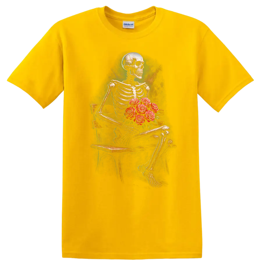 Vintage gothic skeleton holding red roses on a bench in distressed floral art on a Daisy (Yellow) T Shirt