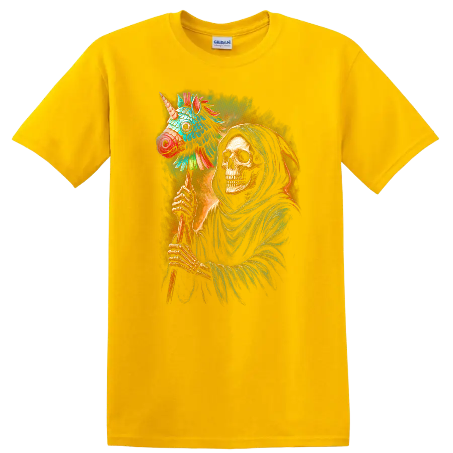 Hooded skeleton holding a colorful unicorn piñata in a vivid gothic illustration on a Daisy (Yellow) T Shirt