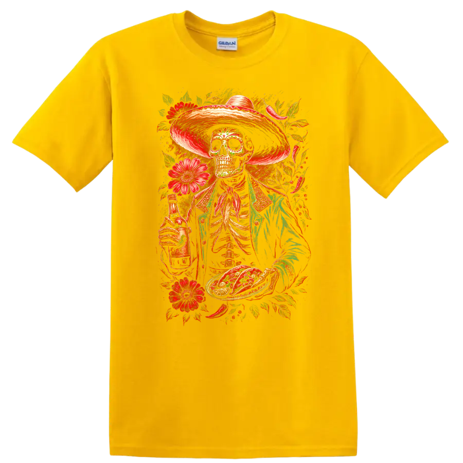 Vintage gothic skeleton in sombrero with tacos, bottle, and red flowers on a Daisy (Yellow) T Shirt