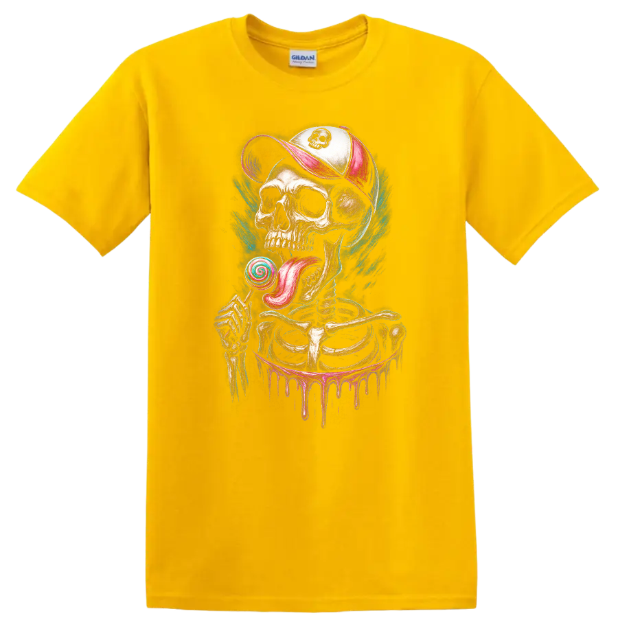 Gothic skeleton skull in cap licking a spiral lollipop with colorful paint drips on a Daisy (Yellow) T Shirt