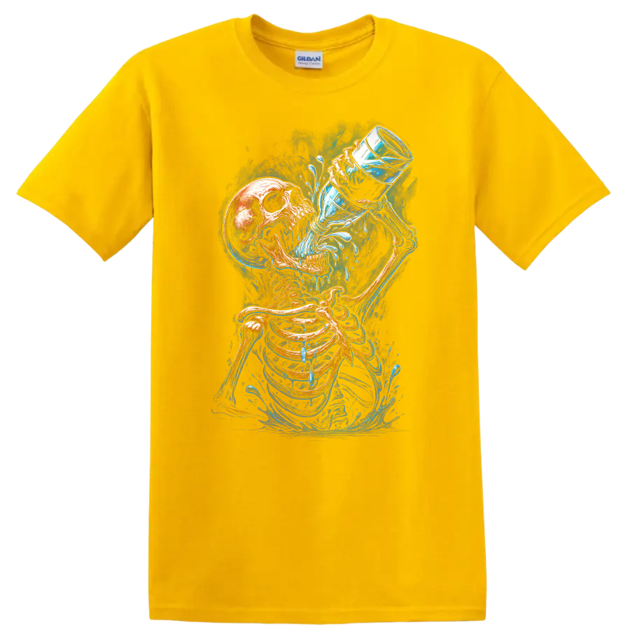 Vintage gothic skeleton drinking water with vivid blue splashes and skull art on a Daisy (Yellow) T Shirt