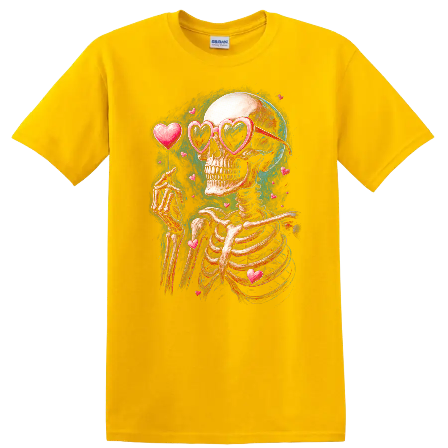 Vintage gothic skeleton in heart sunglasses surrounded by floating hearts on a Daisy (Yellow) T Shirt