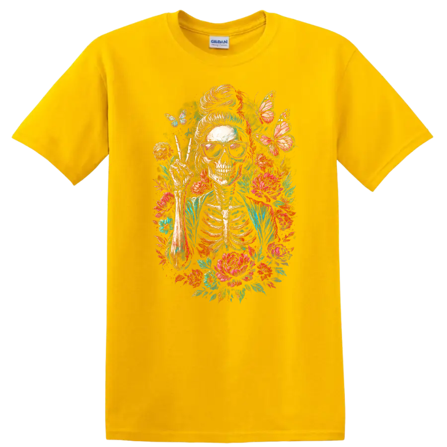Vintage skeleton in sunglasses making a peace sign with flowers and butterflies on a Daisy (Yellow) T Shirt
