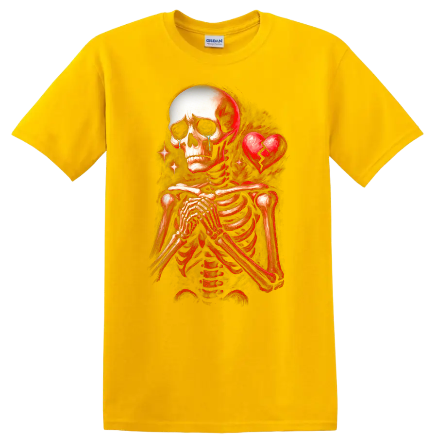 Crying skeleton with clasped hands and cracked heart in vintage gothic art on a Daisy (Yellow) T Shirt