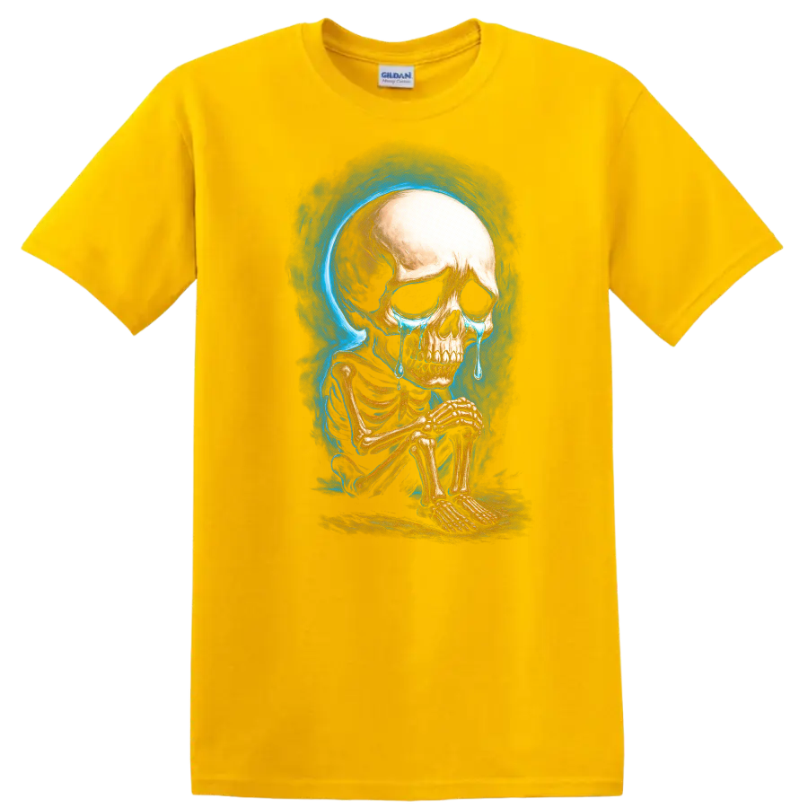 Crying seated skeleton with blue tears and smoky gothic skull artwork on a Daisy (Yellow) T Shirt