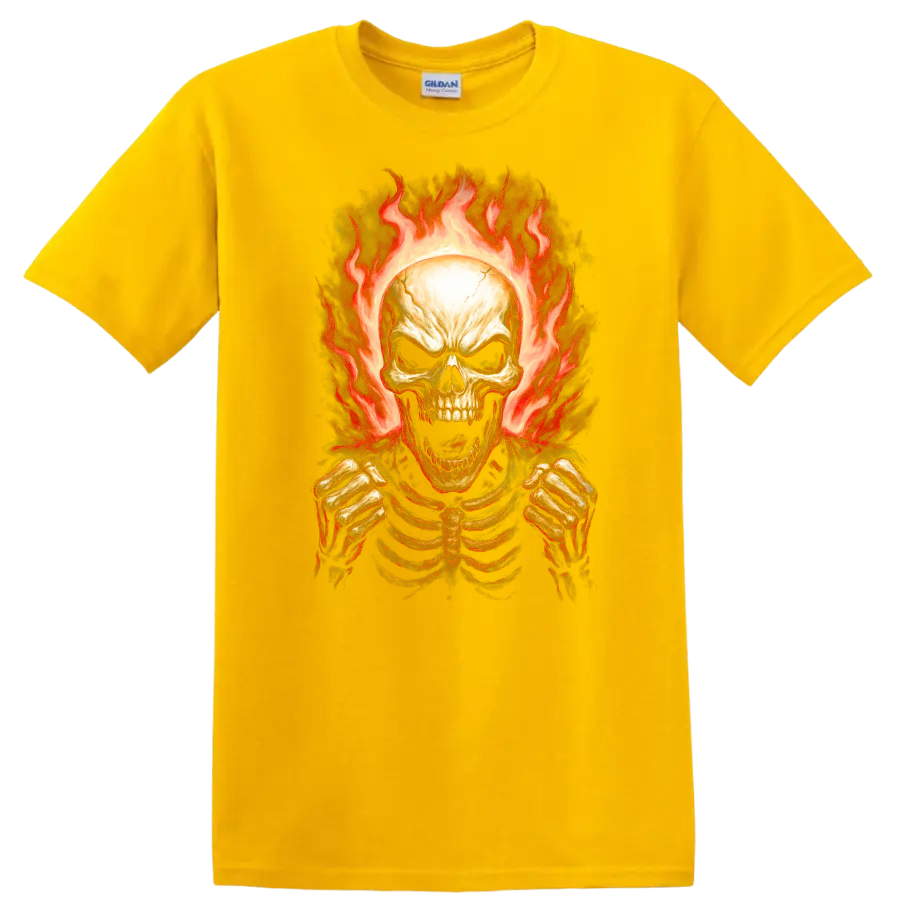 Vintage gothic flaming skeleton skull with rib cage and clenched hands on a Daisy (Yellow) T Shirt