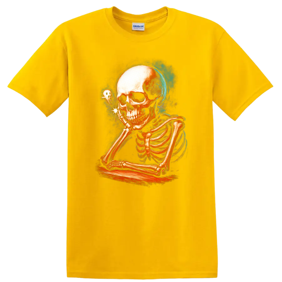 Contemplative skeleton with a tiny ghost in vintage Gothic illustration on a Daisy (Yellow) T Shirt