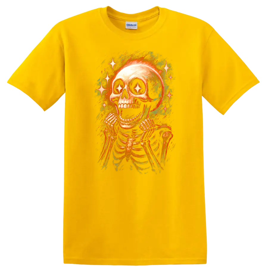 Vintage gothic grinning skeleton skull with sparkling star eyes and radiant stars on a Daisy (Yellow) T Shirt