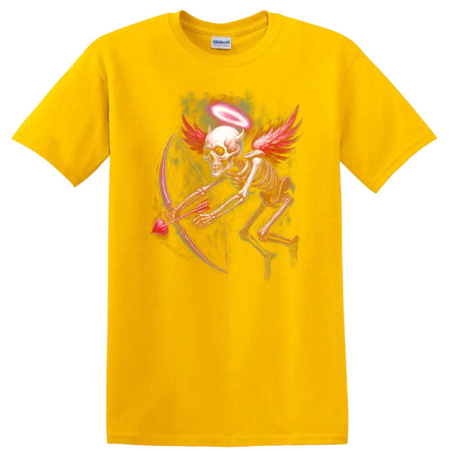 Winged skeleton archer with halo, red wings, and heart-shaped bow in gothic art on a Daisy (Yellow) T Shirt