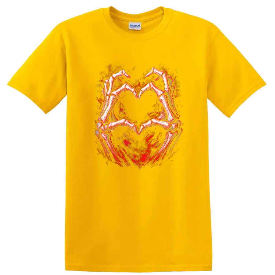Skeletal hands forming a heart in distressed red and black gothic art on a Daisy (Yellow) T Shirt