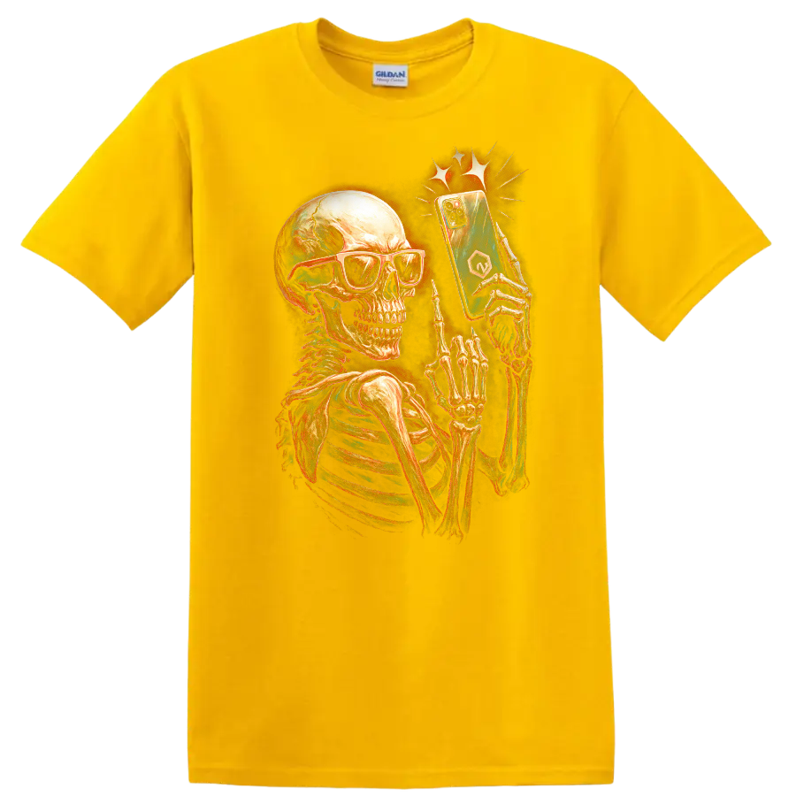 Vintage skeleton in sunglasses holding a smartphone gothic graphic print on a Daisy (Yellow) T Shirt