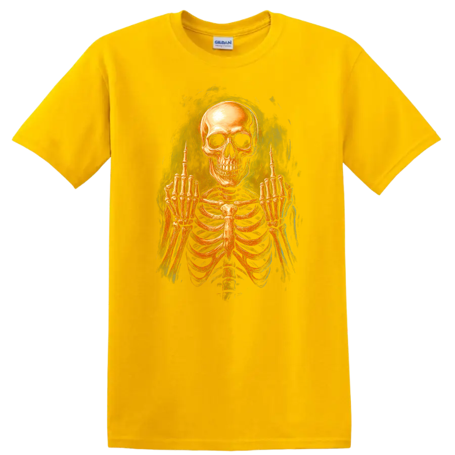 Vintage gothic skeleton skull and rib cage graphic with raised middle-finger hands on a Daisy (Yellow) T Shirt