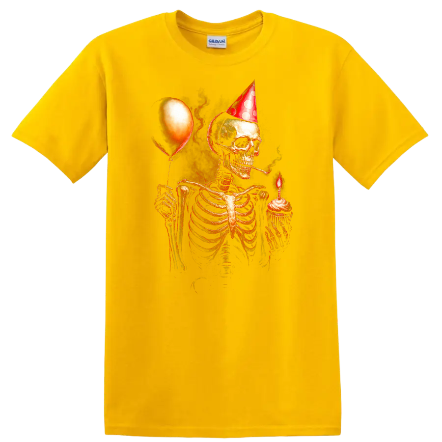 Vintage gothic skeleton in party hat holding a cupcake candle and balloon on a Daisy (Yellow) T Shirt