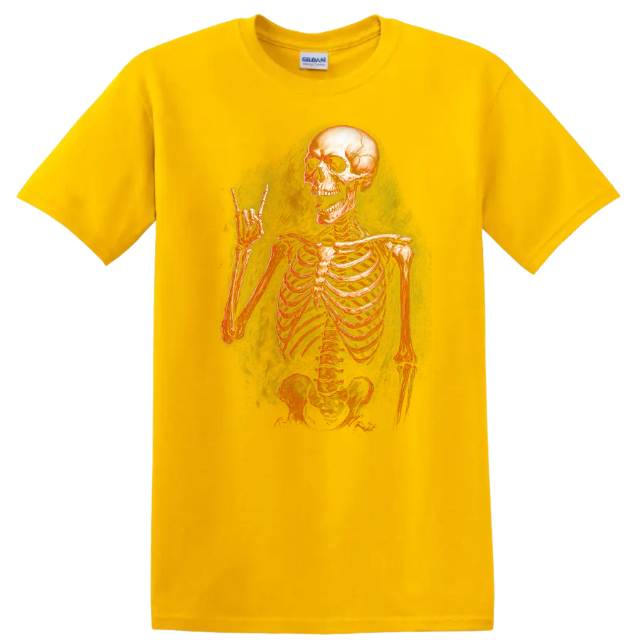 Vintage grinning skeleton raising a horn hand in distressed gothic illustration on a Daisy (Yellow) T Shirt