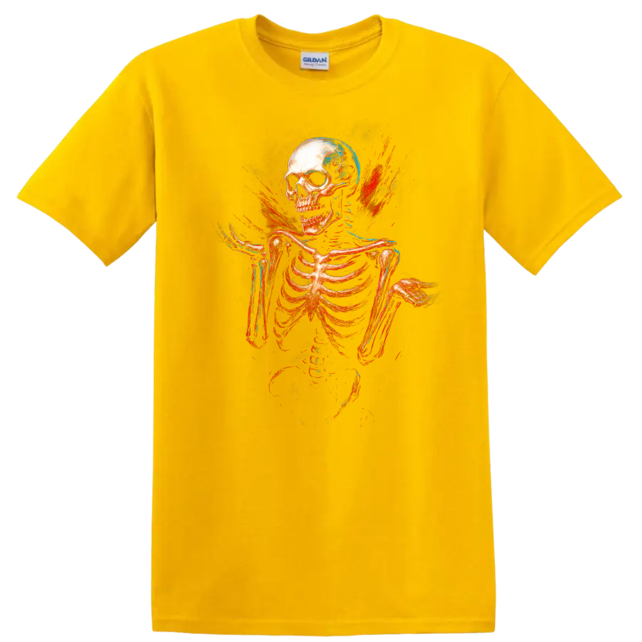 Vintage skull and skeleton graphic with red and blue gothic splatter on a Daisy (Yellow) T Shirt