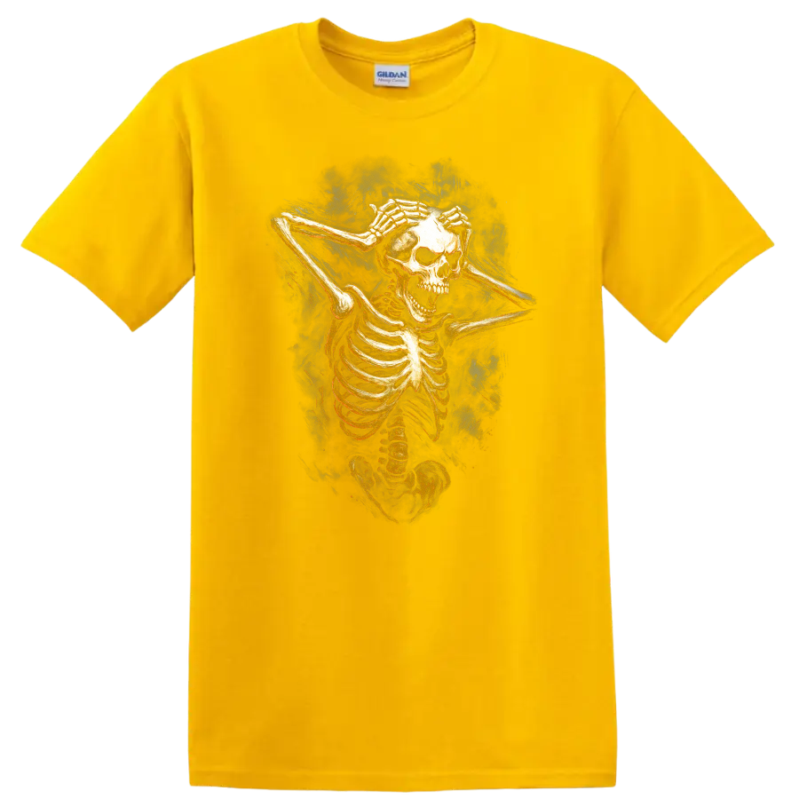 Vintage gothic skeleton skull illustration with hands framing its face on a Daisy (Yellow) T Shirt