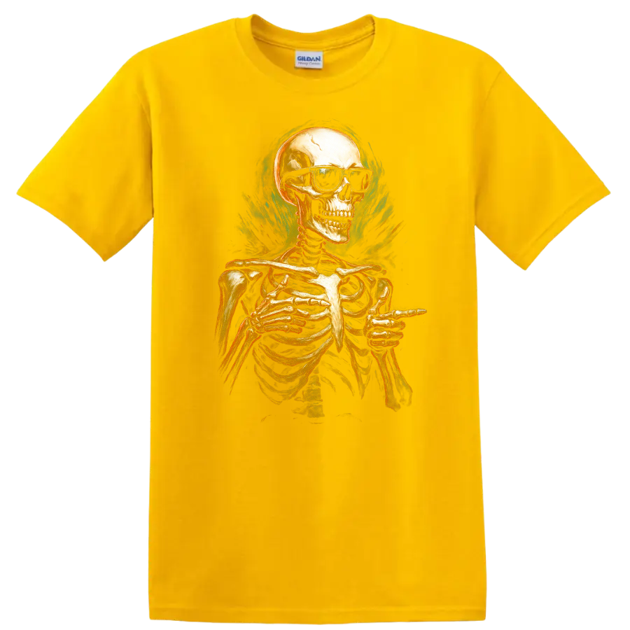 Vintage gothic skeleton in sunglasses pointing, with smoky teal flame-like artwork on a Daisy (Yellow) T Shirt