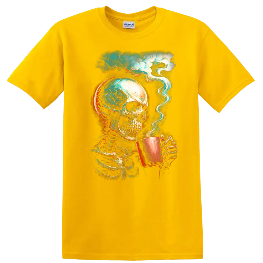 Vintage gothic skeleton skull holding a steaming cup beneath swirling clouds on a Daisy (Yellow) T Shirt