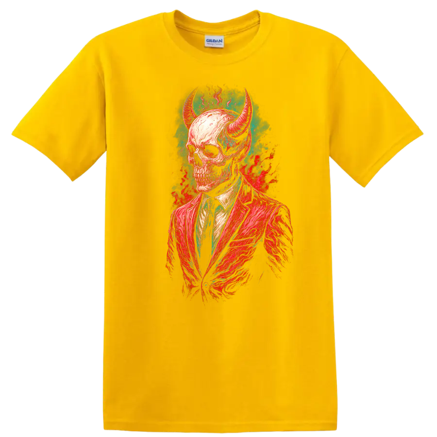 Horned skull in red suit, vintage gothic illustration with teal and red splashes on a Daisy (Yellow) T Shirt