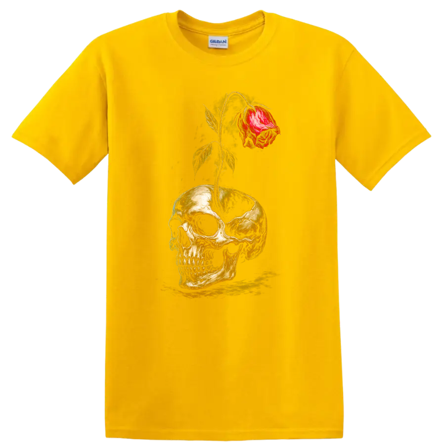 Vintage gothic skull graphic with a red rose growing through the top on a Daisy (Yellow) T Shirt